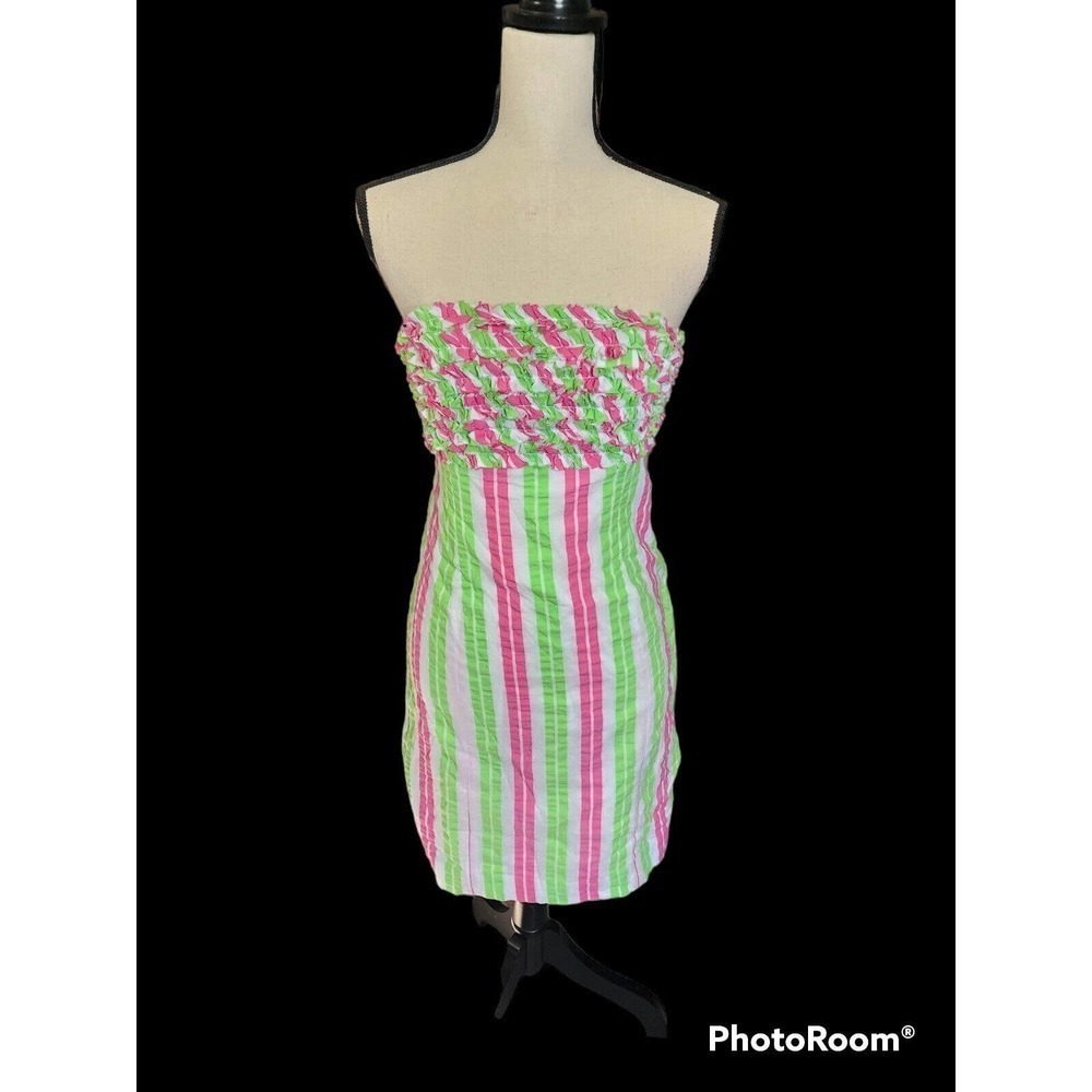 Lilly Pultizer Strapless Mini Dress Pink Green Striped Ruffle Empire Waist